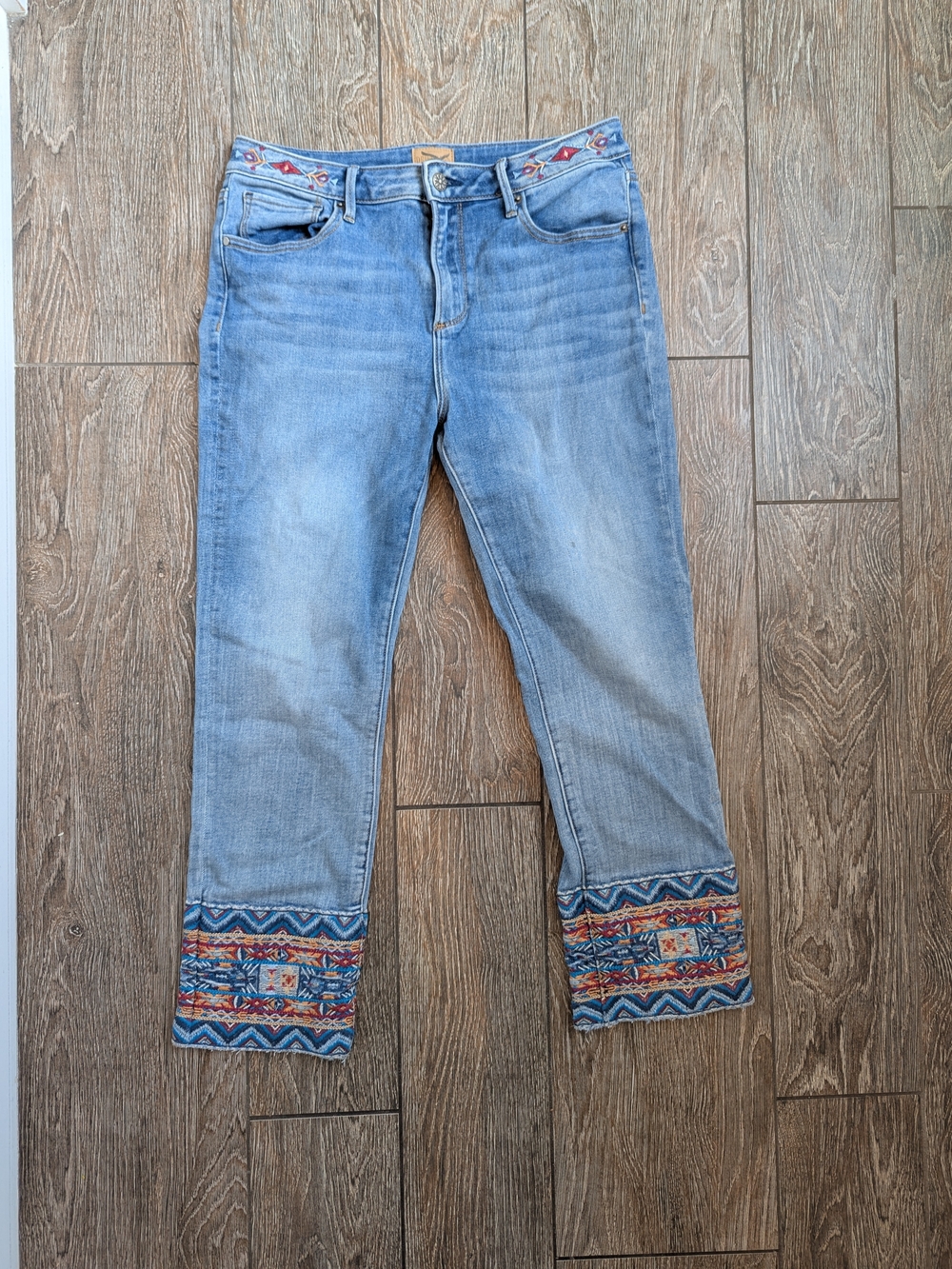 Driftwood Colette Jeans Size 30 Embroidered Cuffs Ankle Denim Colorful